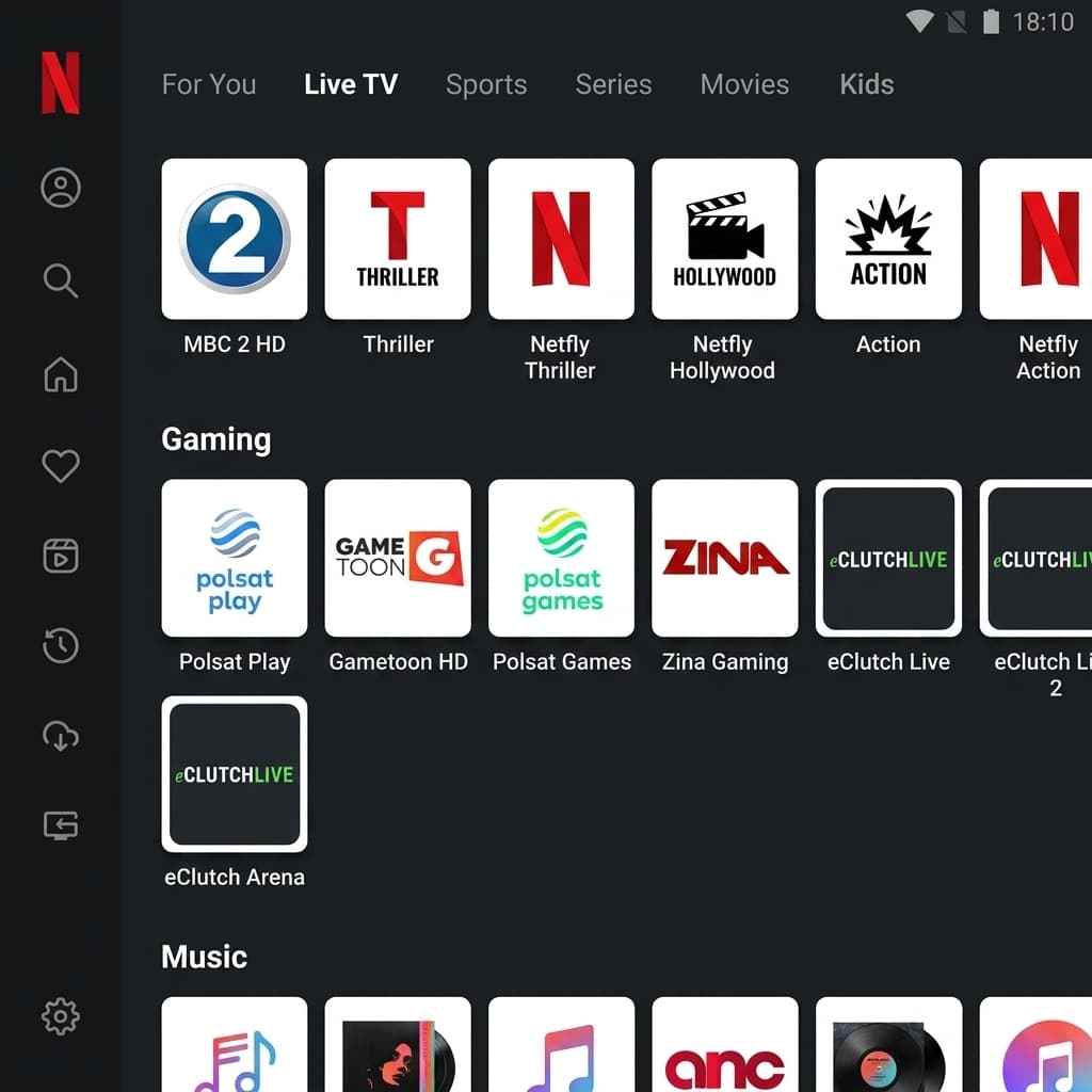 Netfly App Live TV Channel list grid view with movie and gaming channels