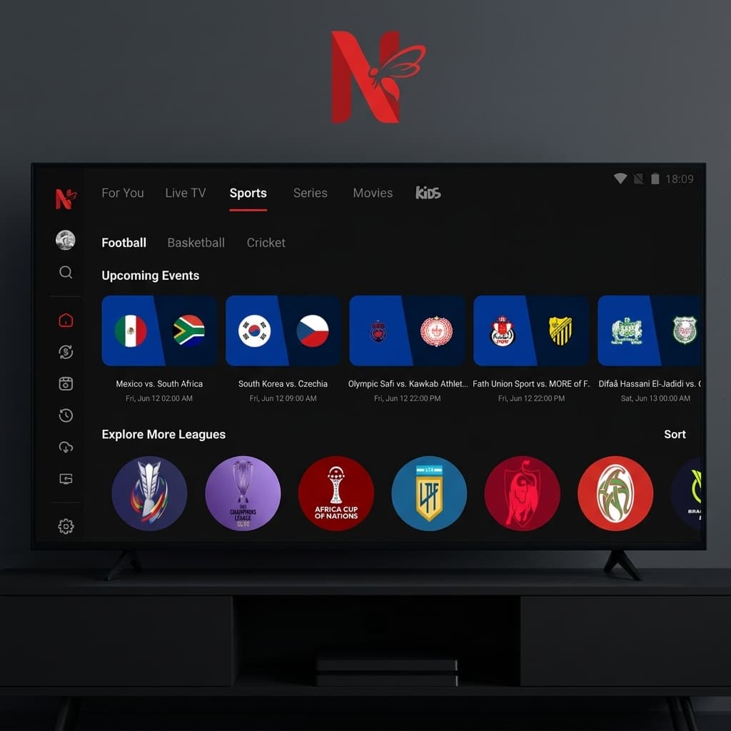 Netfly APK Sports Dashboard interface showing live soccer matches and league scores
